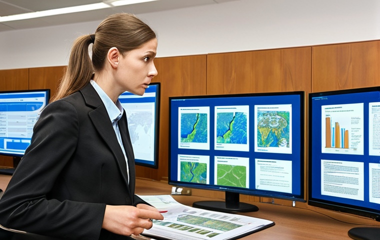 **Prompt for Image 1 (Legislation & Practical Application):**
    "A male or female environmental specialist, mid-career, with a serious but engaged expression, in a modern Russian office setting. They are surrounded by stacks of legal documents and multiple digital screens displaying complex environmental laws and regulations (e.g., Federal Law 'On Environmental Protection', specific GOSTs or SanPiNs). One hand is pointing to a projection or screen showing a real-world industrial site or a detailed natural landscape map, illustrating the practical application of these laws. The image should convey deep understanding, critical thinking, and the challenge of navigating legal uncertainties and dynamic legislative changes in a professional, realistic style. Focus on details like recent legal codes and a slightly overwhelmed yet determined atmosphere."