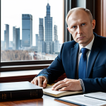 A professional environmental legal expert in a modest dark business suit, sitting at a polished wooden desk in a well-lit, modern office. The desk is meticulously organized with stacks of legal documents, an open law book, and a sleek laptop displaying complex legislative timelines related to Russian environmental assessment. The subject has a thoughtful and focused expression, perfect anatomy, correct proportions, and well-formed hands resting on the desk. The background features bookshelves filled with legal tomes and a subtle city skyline through a window. The overall image is in a realistic, professional photography style, high quality, fully clothed, appropriate attire, safe for work, appropriate content, professional.