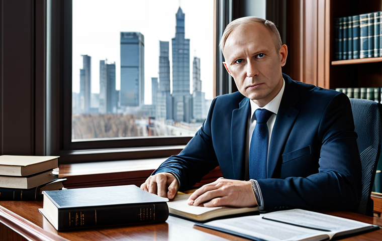 A professional environmental legal expert in a modest dark business suit, sitting at a polished wooden desk in a well-lit, modern office. The desk is meticulously organized with stacks of legal documents, an open law book, and a sleek laptop displaying complex legislative timelines related to Russian environmental assessment. The subject has a thoughtful and focused expression, perfect anatomy, correct proportions, and well-formed hands resting on the desk. The background features bookshelves filled with legal tomes and a subtle city skyline through a window. The overall image is in a realistic, professional photography style, high quality, fully clothed, appropriate attire, safe for work, appropriate content, professional.
