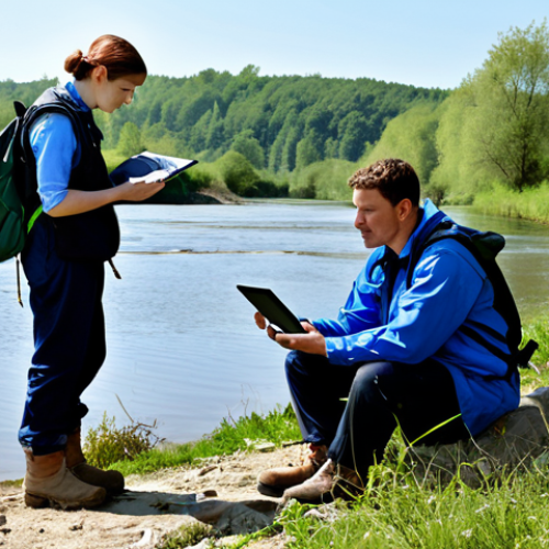 A diverse team of environmental scientists and engineers, fully clothed in professional field attire and practical boots, engaged in data collection on a clear day near a serene riverbank, carefully observing the natural surroundings with a tablet displaying a GIS map. The scene highlights meticulous field research and environmental assessment. perfect anatomy, correct proportions, natural pose, well-formed hands, proper finger count, natural body proportions, professional photography, high quality, safe for work, appropriate content, fully clothed, modest clothing.