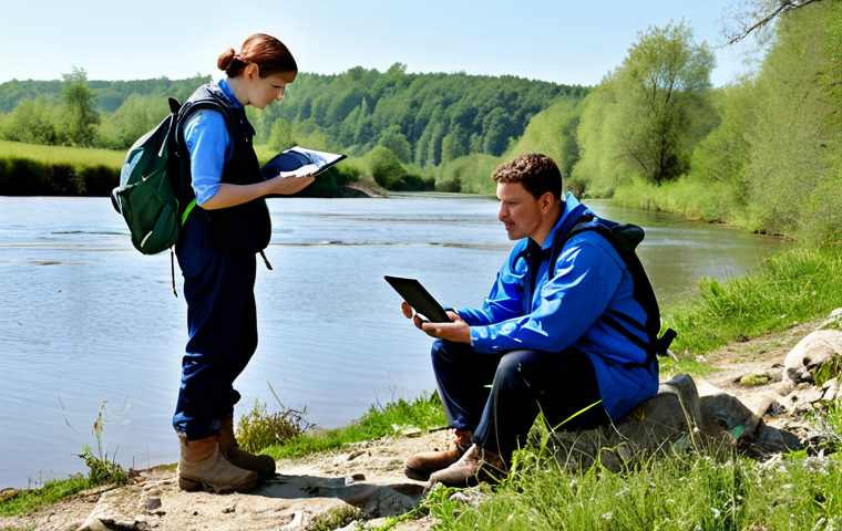 A diverse team of environmental scientists and engineers, fully clothed in professional field attire and practical boots, engaged in data collection on a clear day near a serene riverbank, carefully observing the natural surroundings with a tablet displaying a GIS map. The scene highlights meticulous field research and environmental assessment. perfect anatomy, correct proportions, natural pose, well-formed hands, proper finger count, natural body proportions, professional photography, high quality, safe for work, appropriate content, fully clothed, modest clothing.