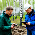 **

A team of environmental experts in appropriate field attire, examining soil samples at a construction site near a birch forest in Russia.  Scientists use tablets and GPS devices.  The scene is bright daylight, emphasizing professional equipment and responsible environmental practices. Safe for work, appropriate content, fully clothed, professional, perfect anatomy, correct proportions, well-formed hands, natural pose.

**