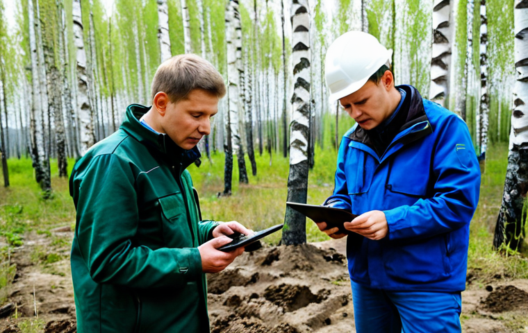**
A team of environmental experts in appropriate field attire, examining soil samples at a construction site near a birch forest in Russia. Scientists use tablets and GPS devices. The scene is bright daylight, emphasizing professional equipment and responsible environmental practices. Safe for work, appropriate content, fully clothed, professional, perfect anatomy, correct proportions, well-formed hands, natural pose.
**