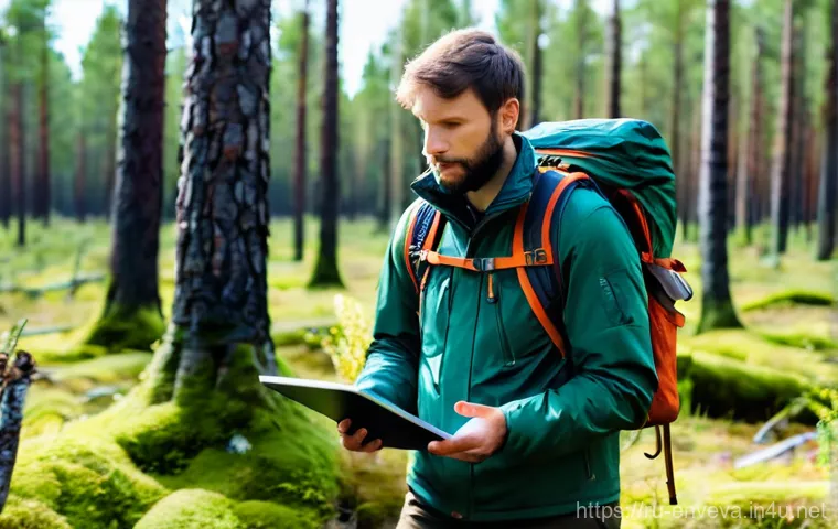환경영향평가 현장조사 준비물 - **Modern Ecologist on a Digital Reconnaissance in the Russian Taiga**
A determined male ecologis...