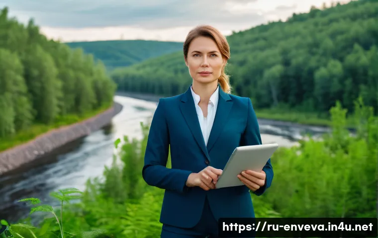 환경영향평가사 연봉 협상 팁 - A determined female environmental specialist, in her late 30s, dressed in a smart business suit, sta...