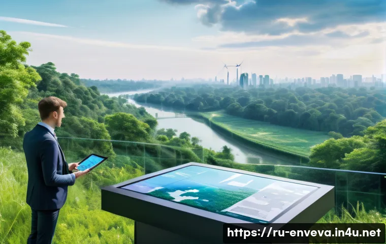 환경영향평가 관련 최신 도서 리뷰 - A high-tech environmental monitoring scene featuring drones flying over a lush green forest and a la...