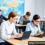 Home 22 환경영향평가사 필수 학습 도구 - A modern classroom scene in Russia featuring adult students attentively engaging with an interactive...