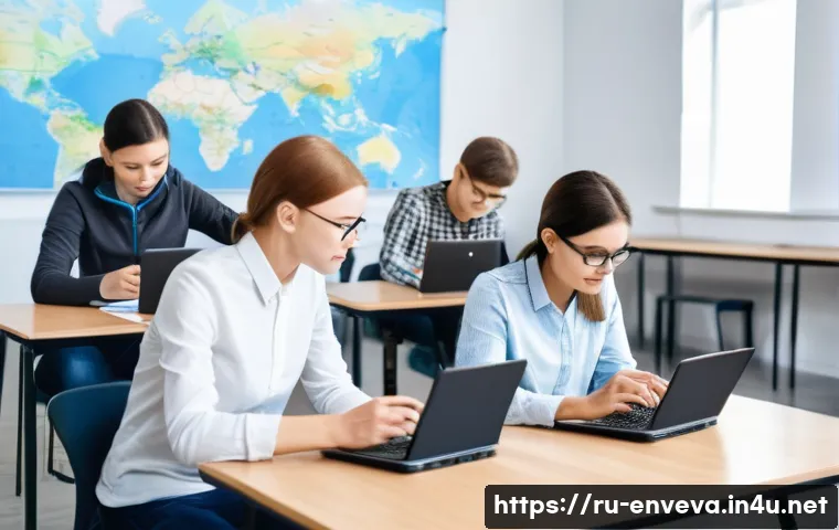 환경영향평가사 필수 학습 도구 - A modern classroom scene in Russia featuring adult students attentively engaging with an interactive...