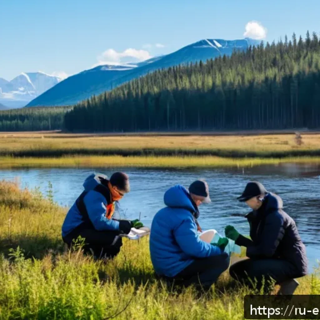 환경영향평가 용어 정리 - A detailed environmental assessment scene featuring a group of Russian environmental scientists and ...