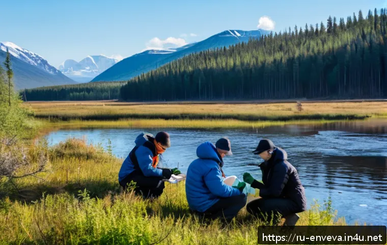 환경영향평가 용어 정리 - A detailed environmental assessment scene featuring a group of Russian environmental scientists and ...
