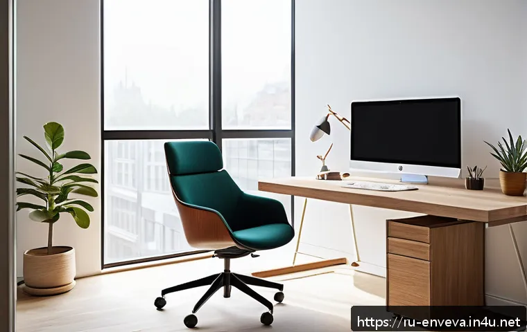 환경영향평가사 직무 스트레스 관리법 - A serene office workspace designed with minimalism and order, featuring a clean desk with neatly sta...